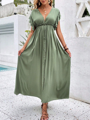 Plunging Neck Knot Front Ruffle Trim Button Front Dress
