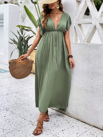 Plunging Neck Knot Front Ruffle Trim Button Front Dress
