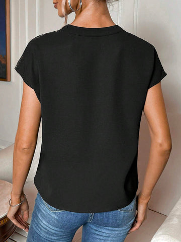 Contrast Sequin Notched Neck Batwing Sleeve Blouse