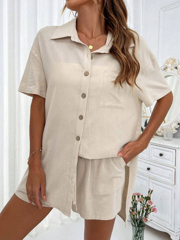 Solid Button Front Shirt Without Tube Top