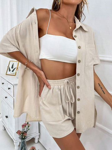 Solid Button Front Shirt Without Tube Top