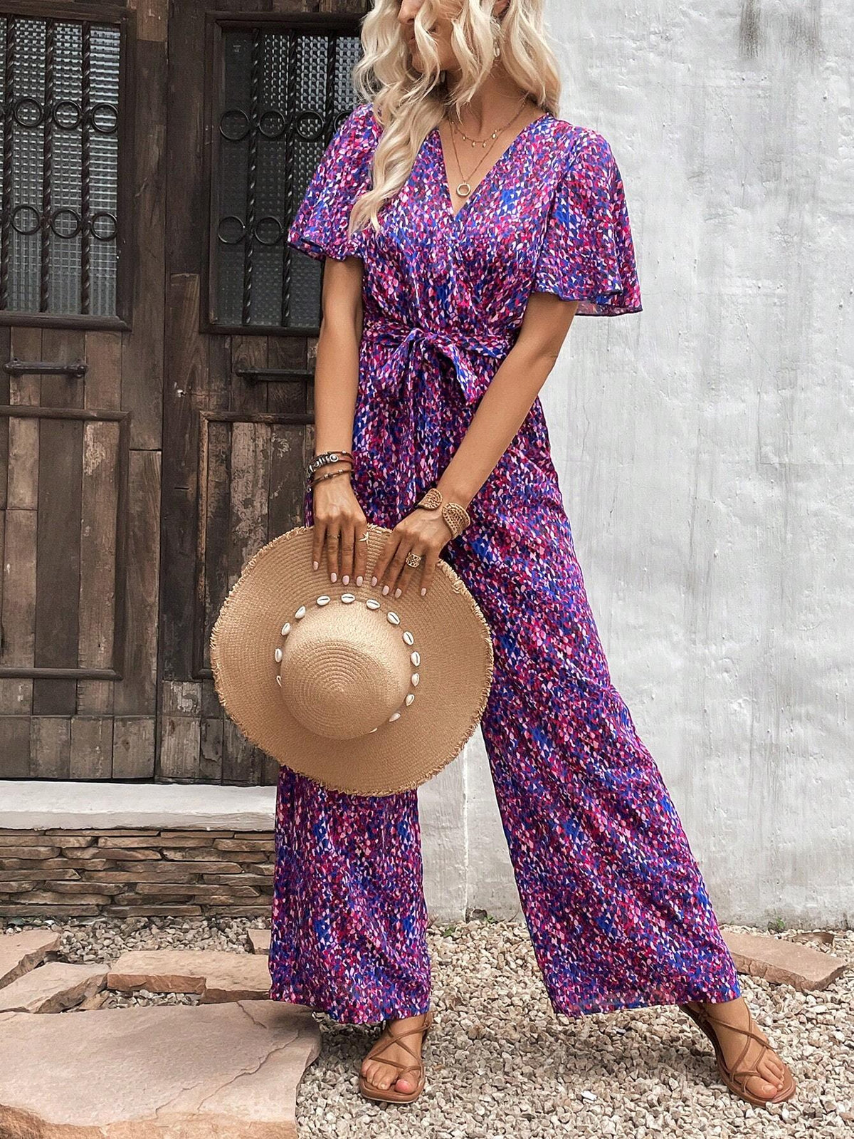 Allover Print Butterfly Sleeve Belted Wide Leg Jumpsuit