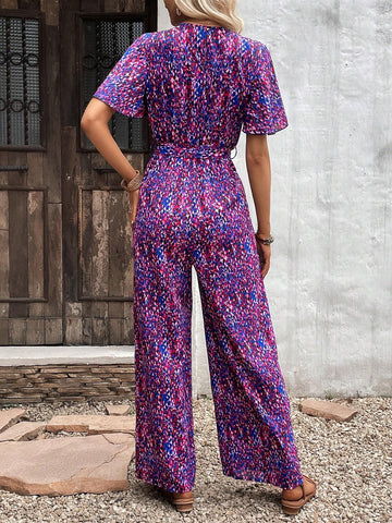 Allover Print Butterfly Sleeve Belted Wide Leg Jumpsuit