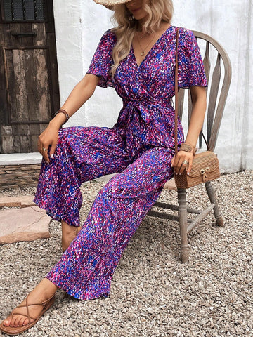 Allover Print Butterfly Sleeve Belted Wide Leg Jumpsuit