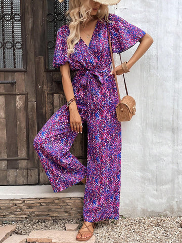 Allover Print Butterfly Sleeve Belted Wide Leg Jumpsuit