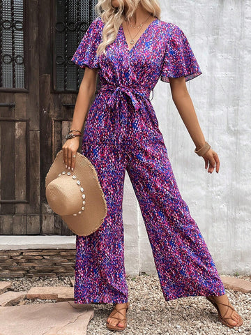 Allover Print Butterfly Sleeve Belted Wide Leg Jumpsuit