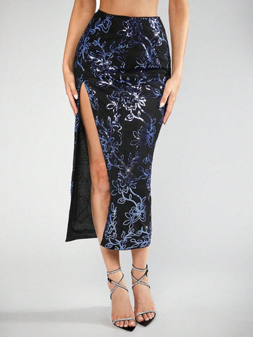 BAE Floral Pattern Contrast Sequin Split Thigh Skirt