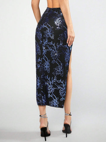 BAE Floral Pattern Contrast Sequin Split Thigh Skirt