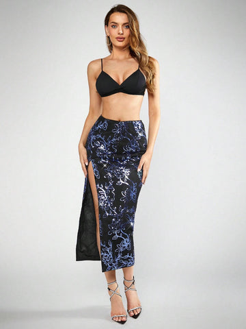BAE Floral Pattern Contrast Sequin Split Thigh Skirt
