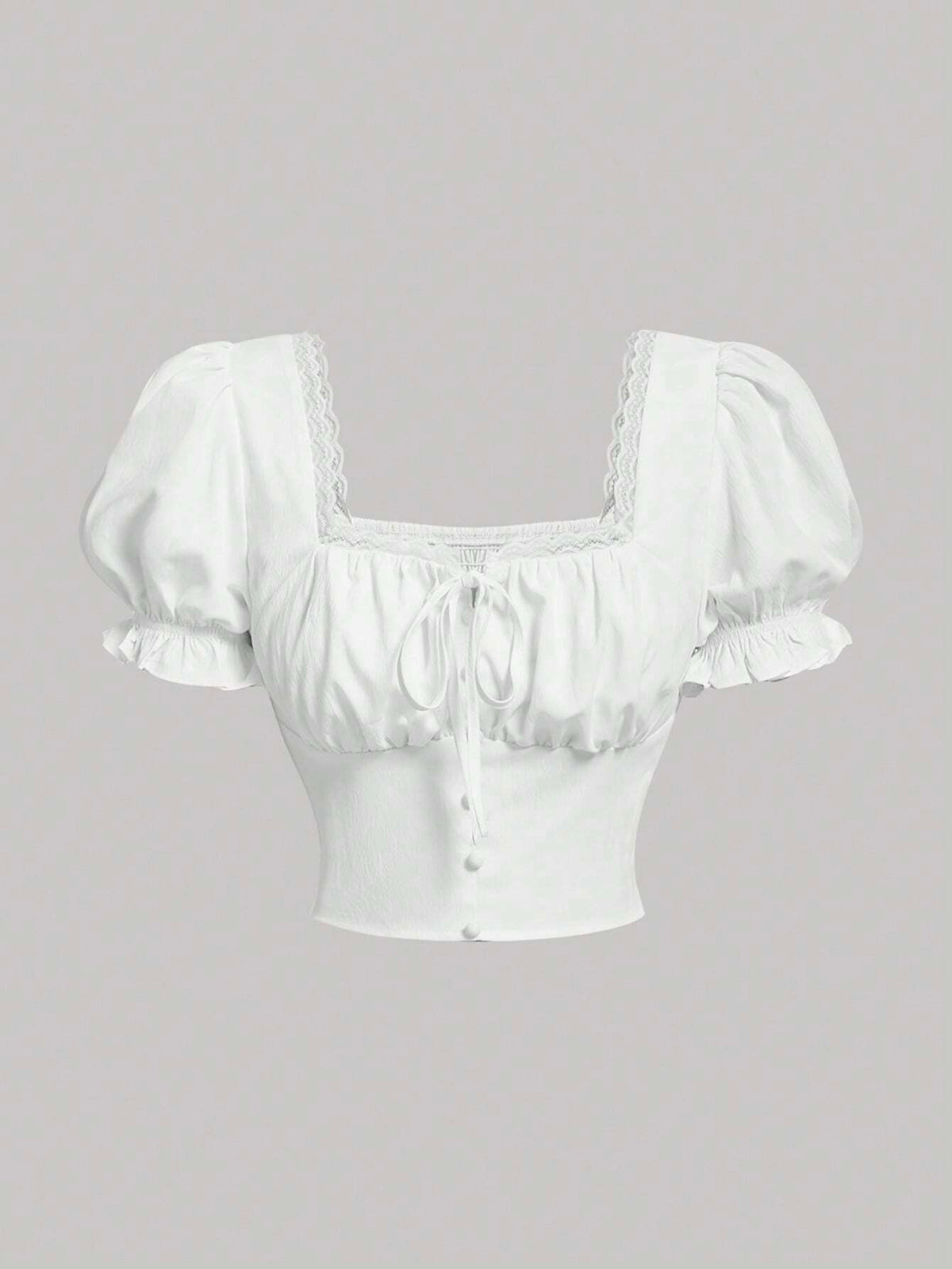 Square Neck Puff Sleeve Ruched Bust Knot Front Crop Blouse