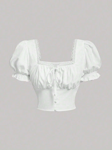 Square Neck Puff Sleeve Ruched Bust Knot Front Crop Blouse