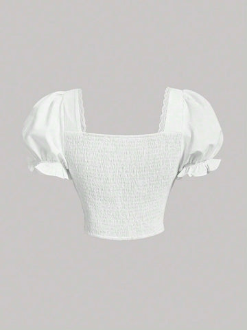 Square Neck Puff Sleeve Ruched Bust Knot Front Crop Blouse