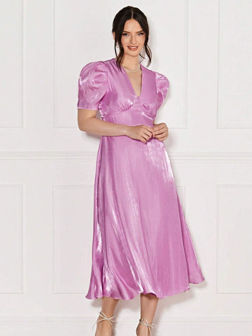 Puff Sleeve Solid Dress