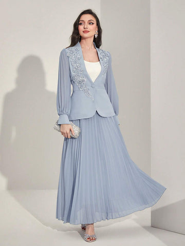 Floral Applique Flounce Sleeve Blazer & Pleated Skirt