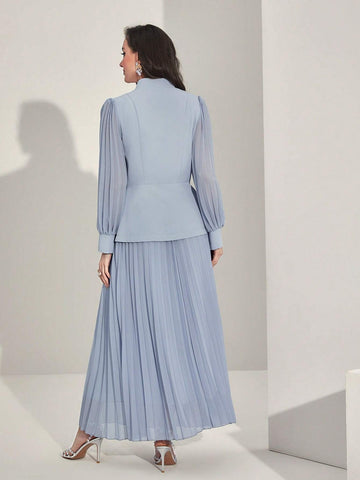 Floral Applique Flounce Sleeve Blazer & Pleated Skirt