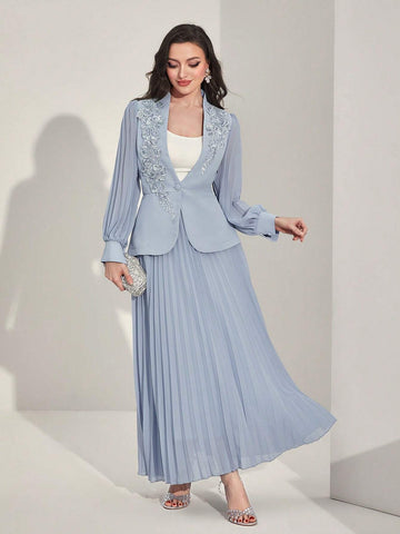 Floral Applique Flounce Sleeve Blazer & Pleated Skirt