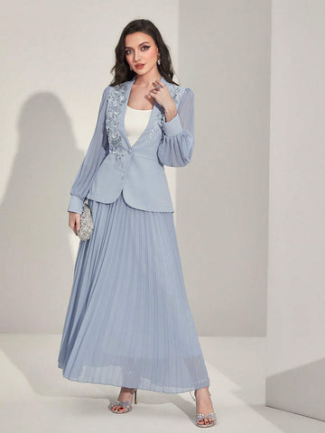 Floral Applique Flounce Sleeve Blazer & Pleated Skirt