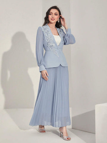 Floral Applique Flounce Sleeve Blazer & Pleated Skirt