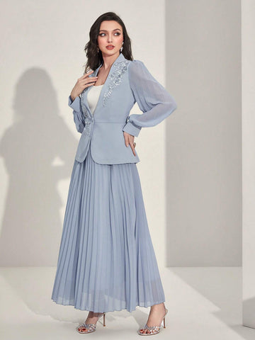 Floral Applique Flounce Sleeve Blazer & Pleated Skirt