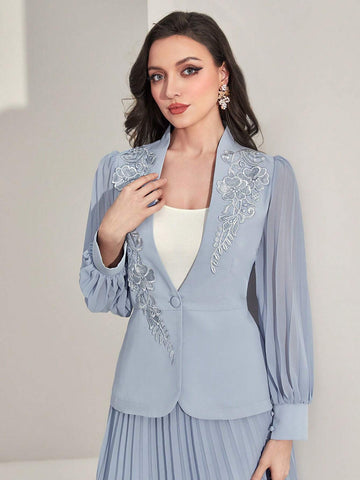 Floral Applique Flounce Sleeve Blazer & Pleated Skirt