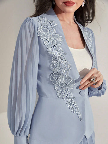 Floral Applique Flounce Sleeve Blazer & Pleated Skirt