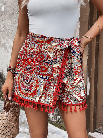 EMERY ROSE Paisley Print Tassel Trim Tie Side Wrap Skort