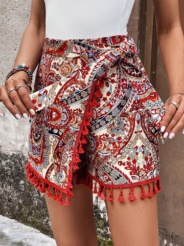EMERY ROSE Paisley Print Tassel Trim Tie Side Wrap Skort