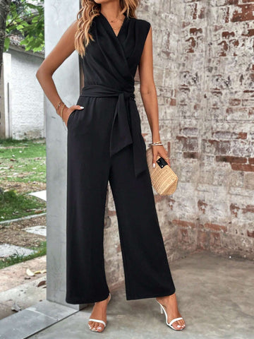 EMERY ROSE Solid Belted Wide Leg Jumpsuit