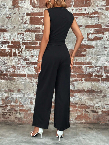 EMERY ROSE Solid Belted Wide Leg Jumpsuit