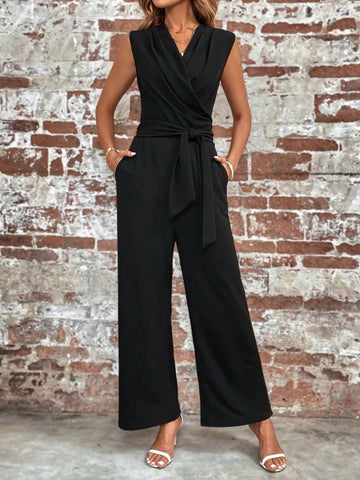 EMERY ROSE Solid Belted Wide Leg Jumpsuit