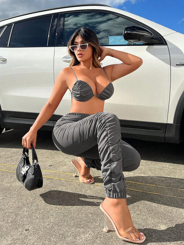 Solid Crop Cami Top & Ruched Pants