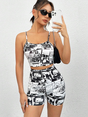 Pop Art Print Cami Top & Biker Shorts