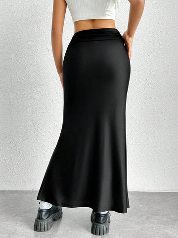 EZwear Solid Ruched Mermaid Hem Skirt