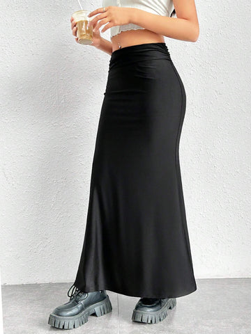 EZwear Solid Ruched Mermaid Hem Skirt