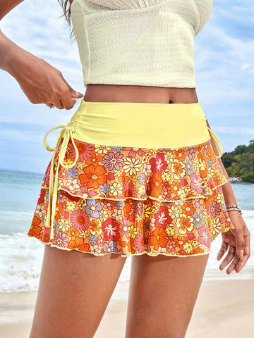 EZwear Floral Print Drawstring Side Two Layer Hem Skirt