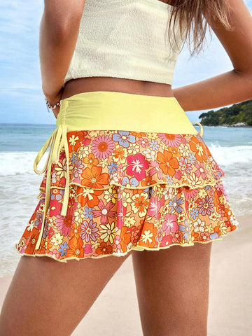 EZwear Floral Print Drawstring Side Two Layer Hem Skirt