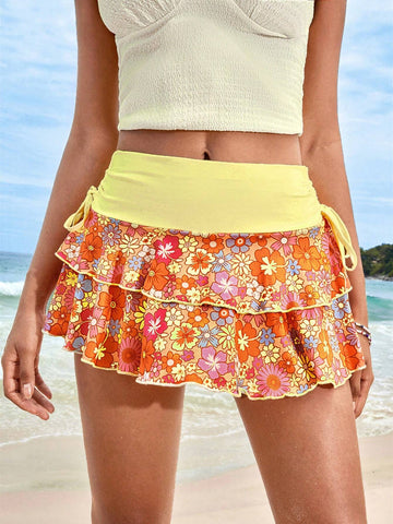 EZwear Floral Print Drawstring Side Two Layer Hem Skirt