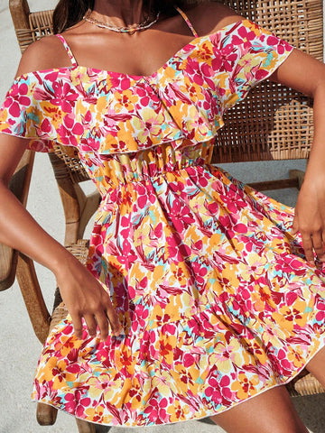 Allover Floral Print Cold Shoulder Ruffle Trim Dress