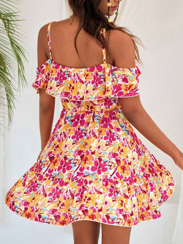 Allover Floral Print Cold Shoulder Ruffle Trim Dress