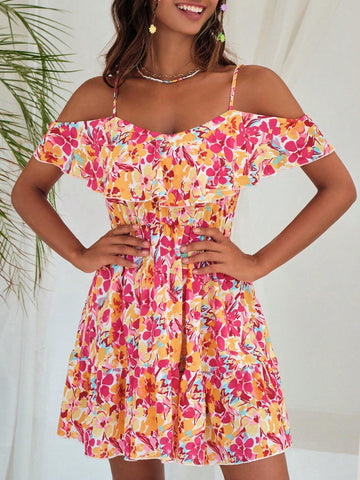 Allover Floral Print Cold Shoulder Ruffle Trim Dress