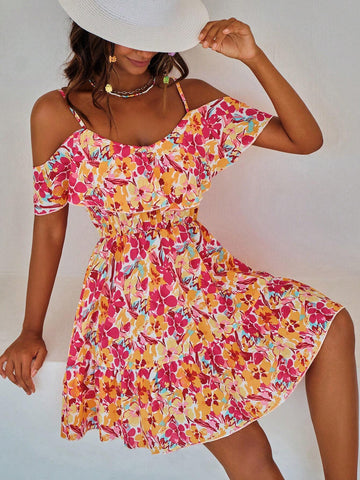 Allover Floral Print Cold Shoulder Ruffle Trim Dress