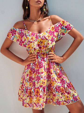 Allover Floral Print Cold Shoulder Ruffle Trim Dress