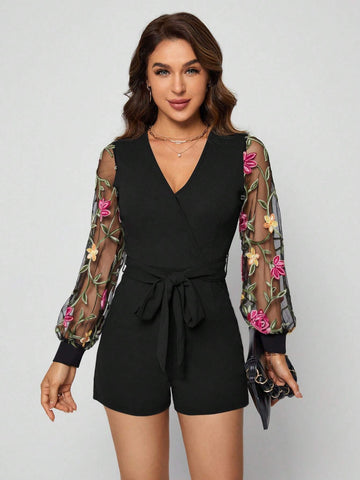 EMERY ROSE Floral Embroidery Mesh Lantern Sleeve Belted Romper