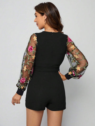 EMERY ROSE Floral Embroidery Mesh Lantern Sleeve Belted Romper