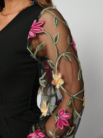 EMERY ROSE Floral Embroidery Mesh Lantern Sleeve Belted Romper