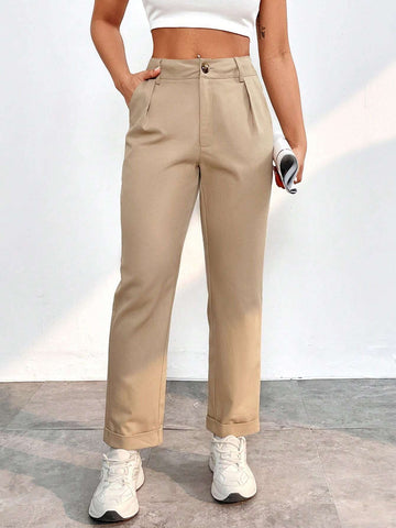 PETITE Solid Plicated Detail Slant Pocket Pants
