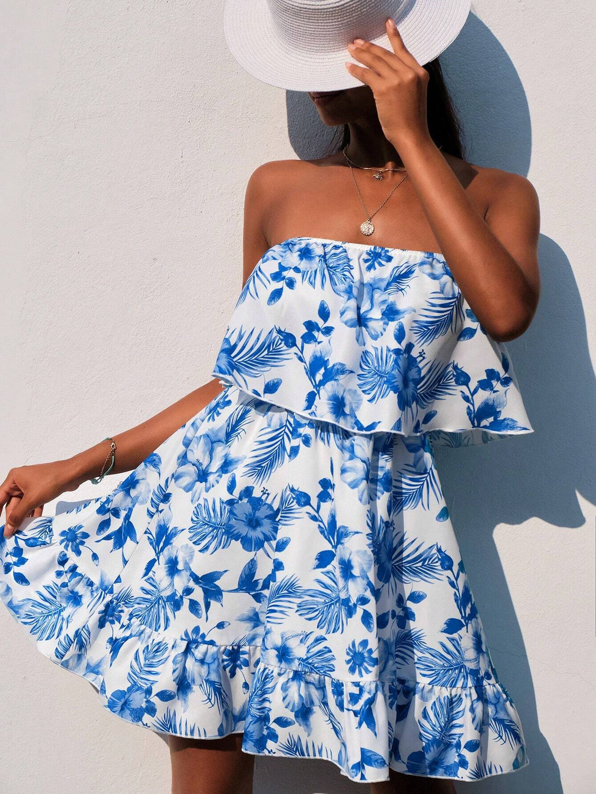Tropical Print Ruffle Hem Tube Dress