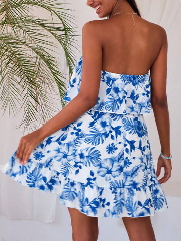 Tropical Print Ruffle Hem Tube Dress