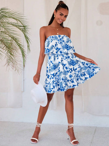 Tropical Print Ruffle Hem Tube Dress