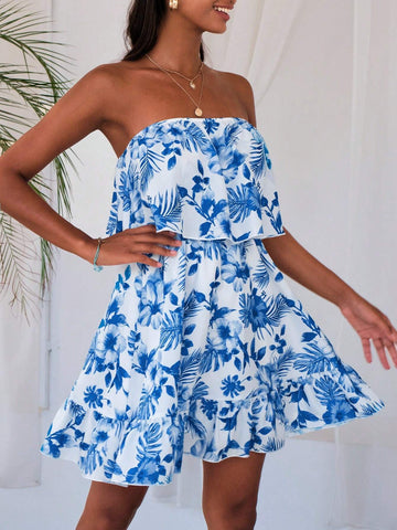 Tropical Print Ruffle Hem Tube Dress